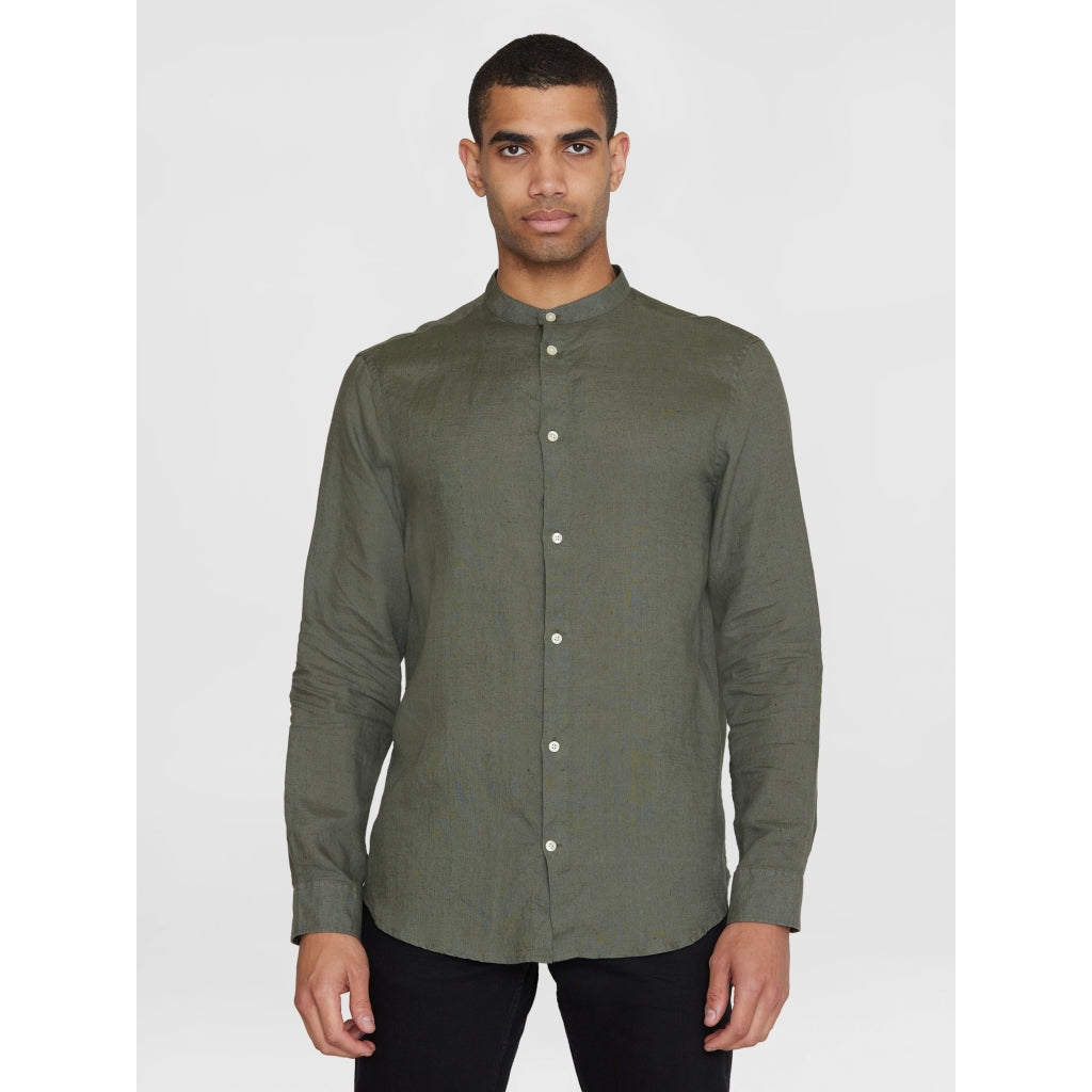 Custom Fit Linen Stand Collar Shirt GOTS/Vegan - Burned Olive
