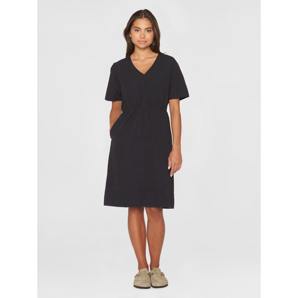 V-neck slub yarn short sleeve midi dress - GOTS/Vegan - Black Jet