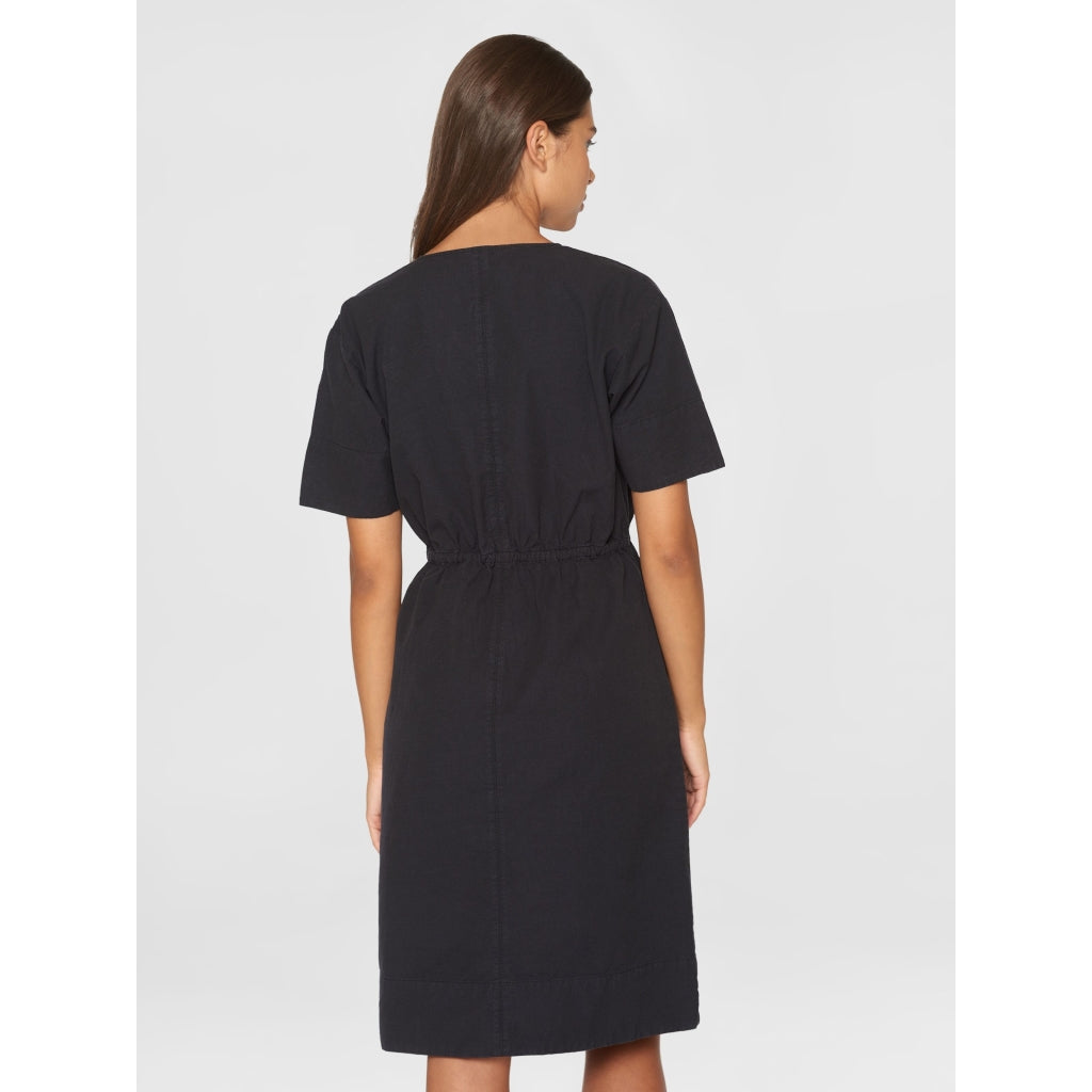V-neck slub yarn short sleeve midi dress - GOTS/Vegan - Black Jet