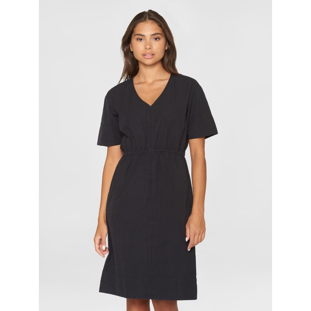 V-neck slub yarn short sleeve midi dress - GOTS/Vegan - Black Jet