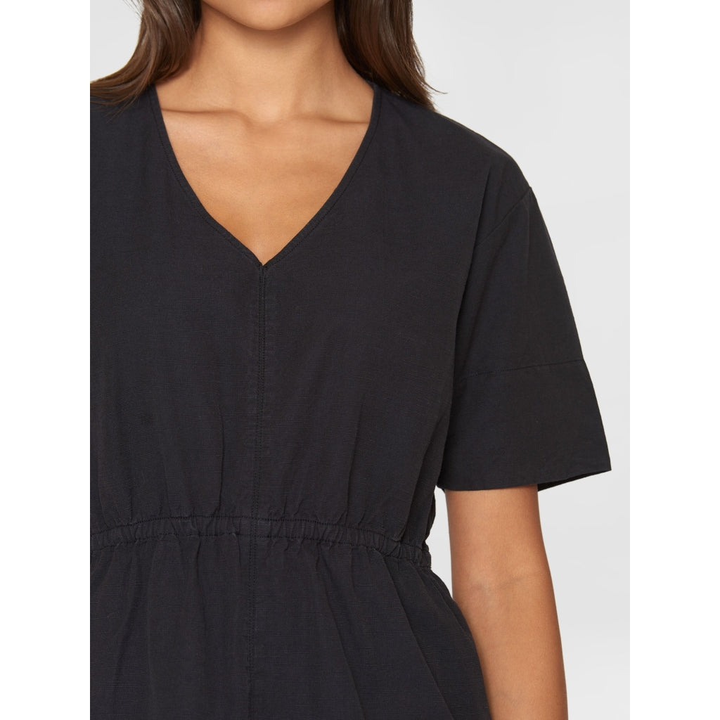 V-neck slub yarn short sleeve midi dress - GOTS/Vegan - Black Jet