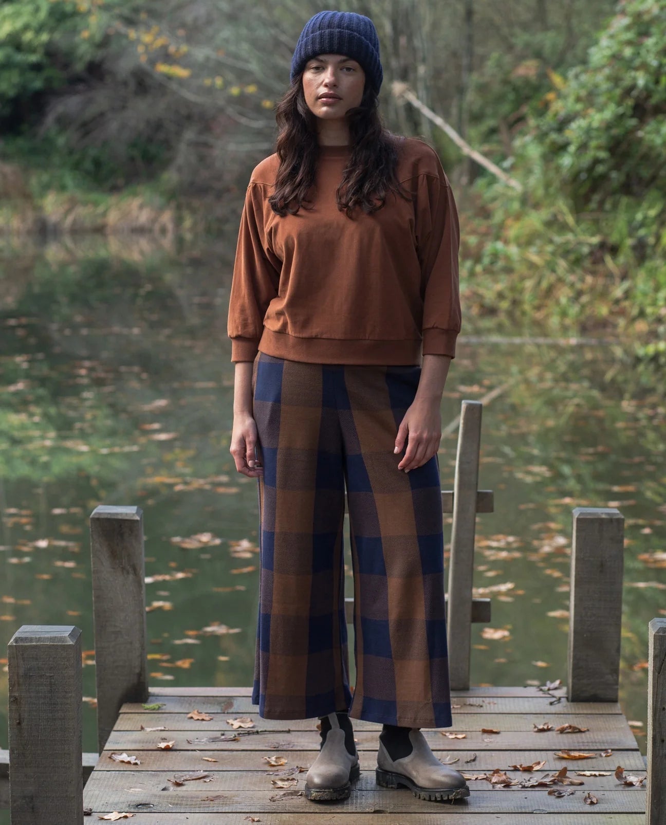 Thorne-Cay Organic Cotton Knitted Check Trouser - Walnut & Night Sky Check
