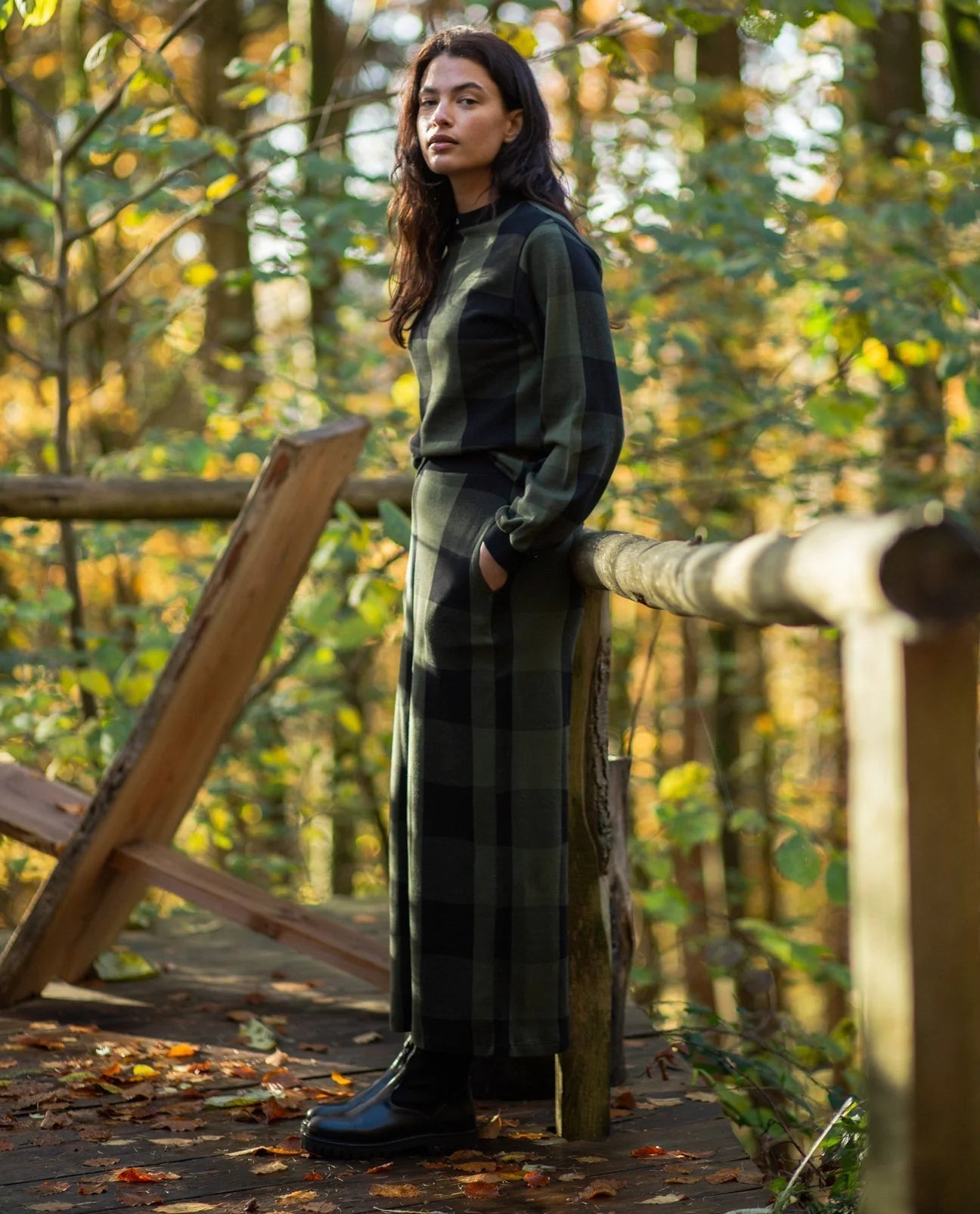 Thorne-Cay Organic Cotton Knitted Check Trouser - Rosin Green & Black Check