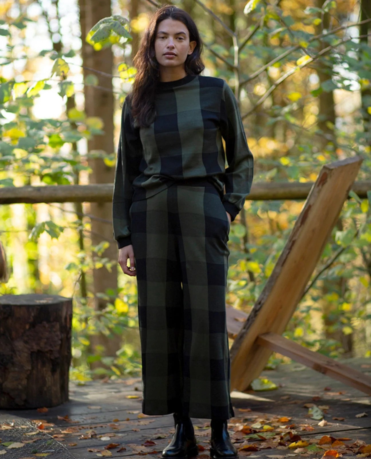 Thorne-Cay Organic Cotton Knitted Check Trouser - Rosin Green & Black Check