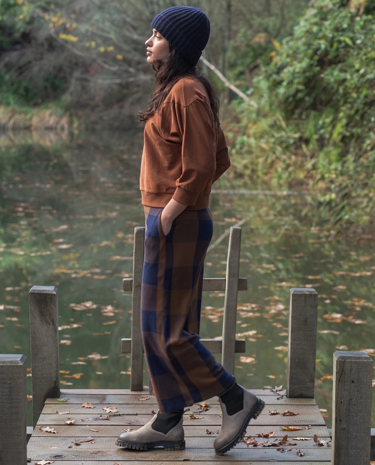 Thorne-Cay Organic Cotton Knitted Check Trouser - Walnut & Night Sky Check