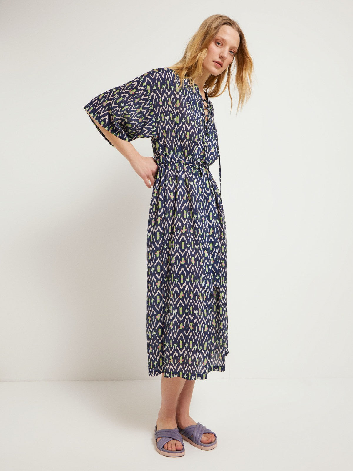 KAFTAN DRESS WITH IKAT PRINT made of TENCEL™ Modal & Silk - Night Blue