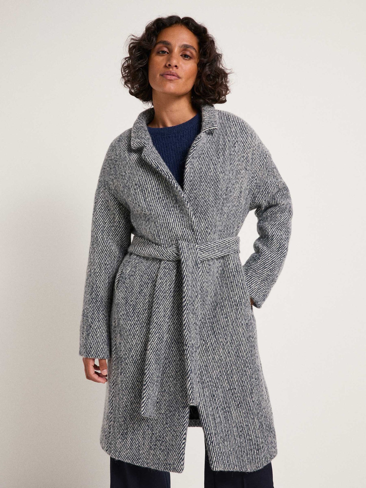 Coat with Tie Belt - Dark Blue/ Off White