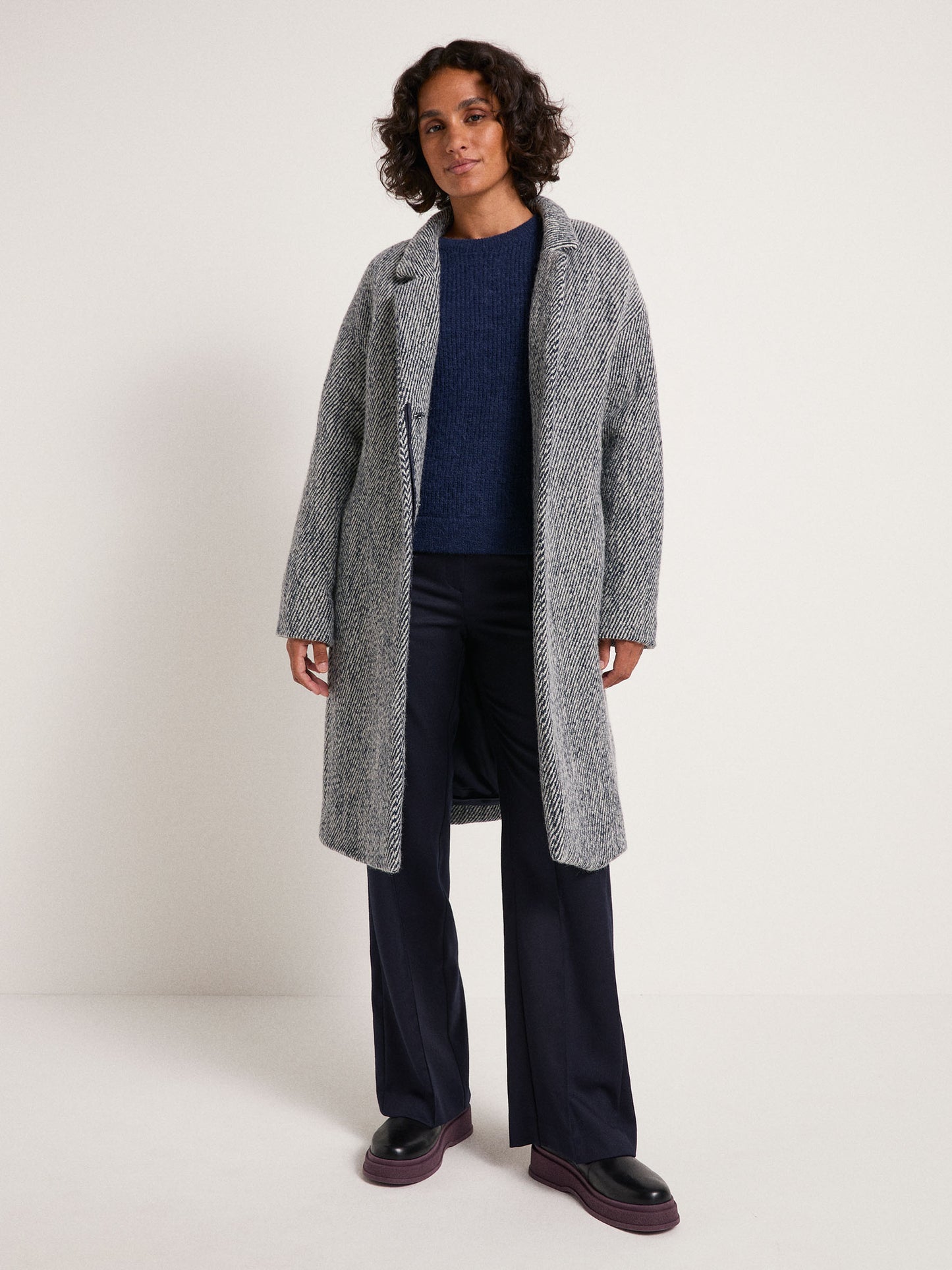 Coat with Tie Belt - Dark Blue/ Off White