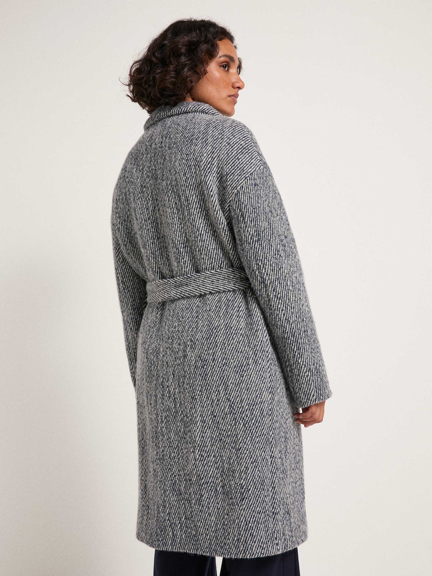 Coat with Tie Belt - Dark Blue/ Off White