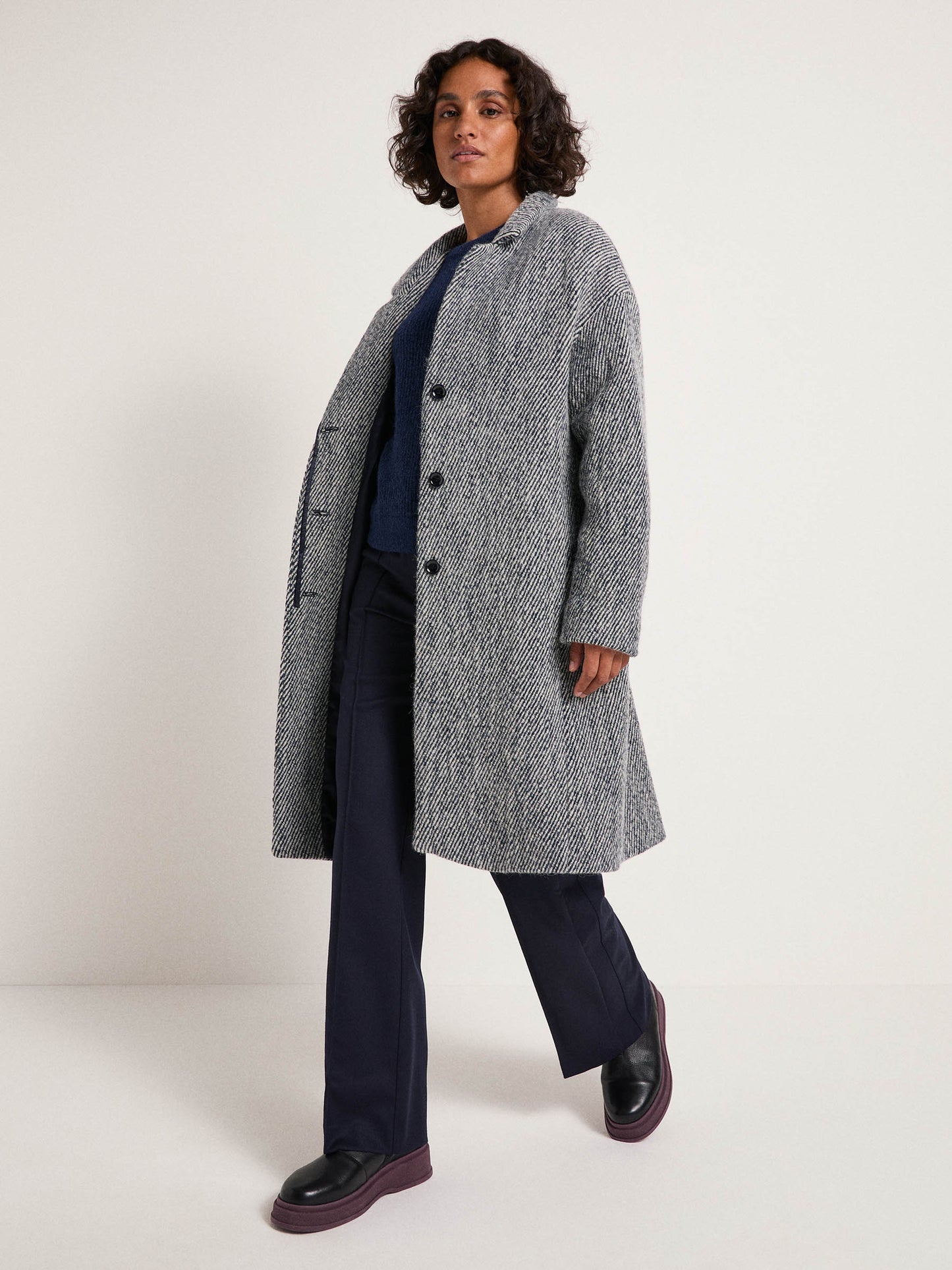 Coat with Tie Belt - Dark Blue/ Off White