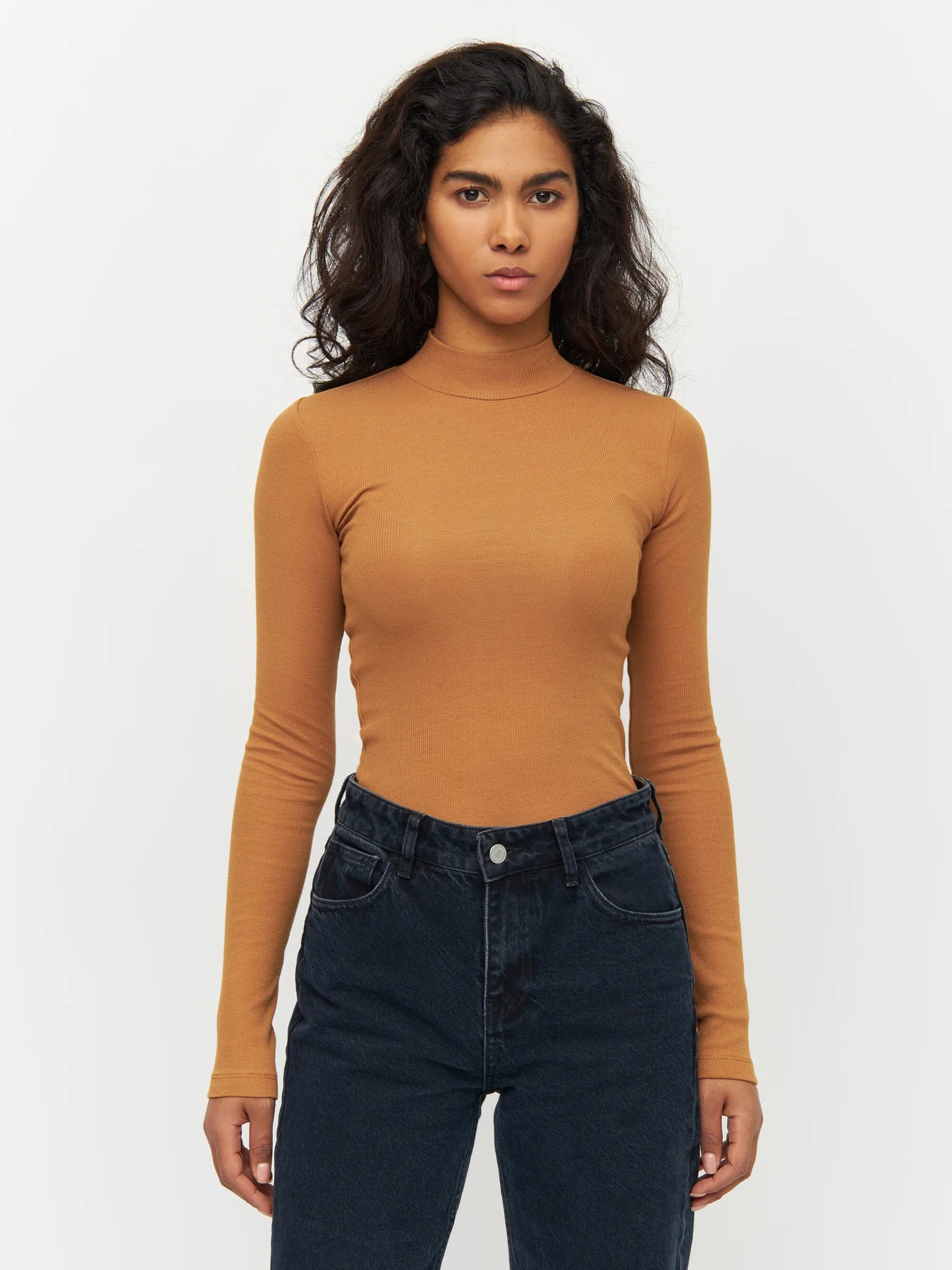 Rib High Neck Long Sleeve - GOTS/Vegan - Brown Sugar