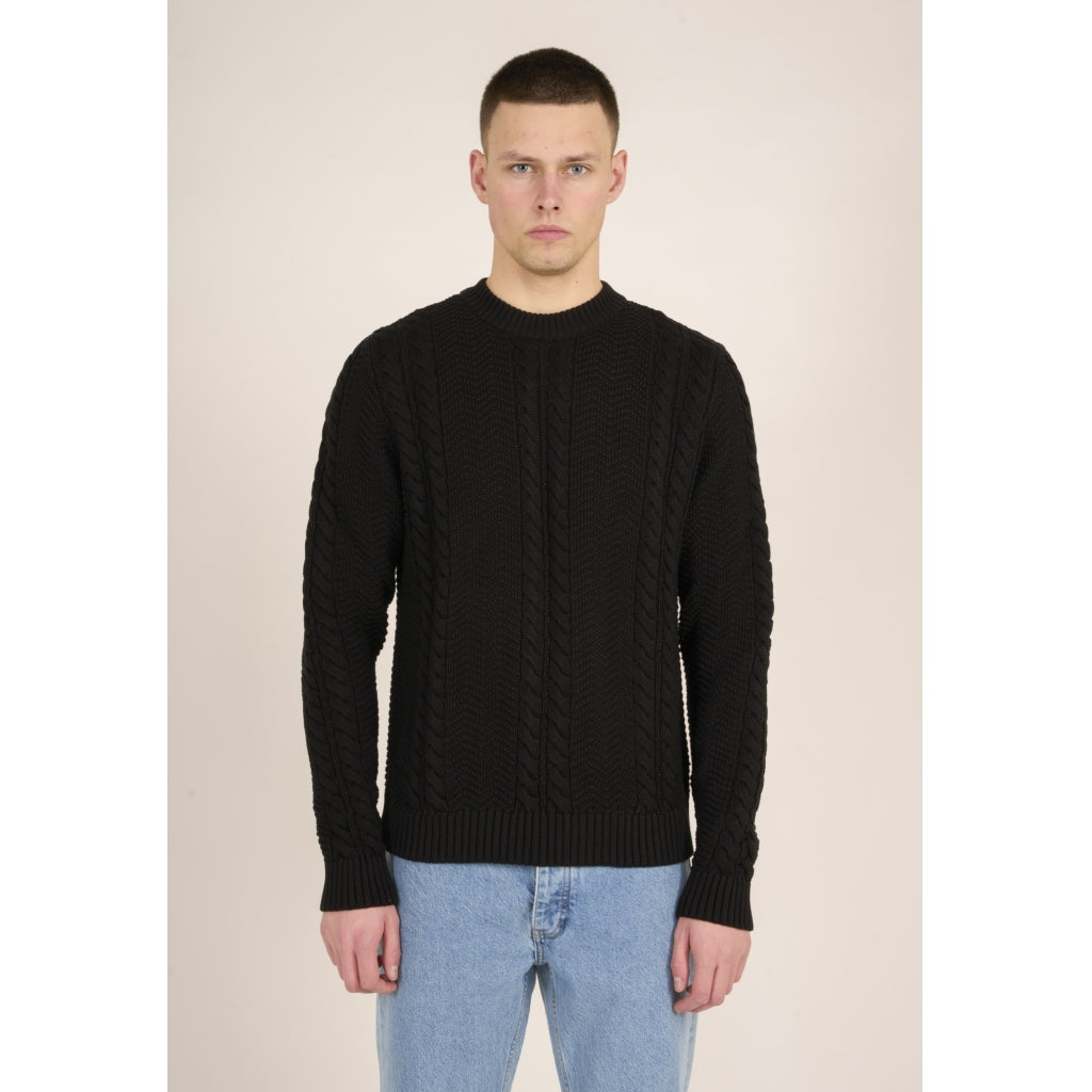 Cable Crew Neck Cotton Knit - GOTS/Vegan - Black Jet