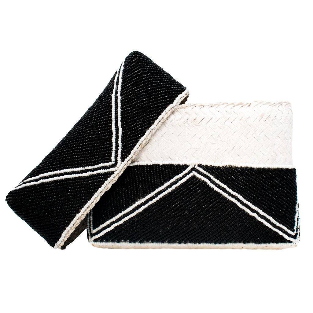 ZOE BEADED CLUTCH - Black with White Trim