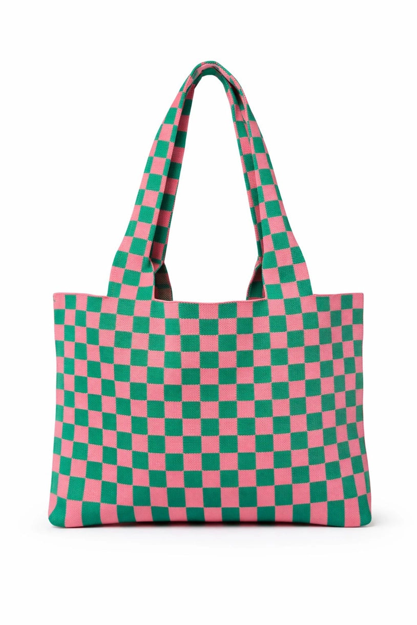 Bold Checker - Knit Tote - Pink & Green