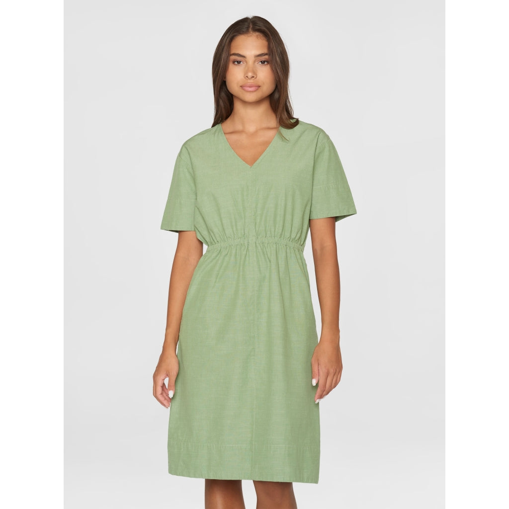 V-neck slub yarn short sleeve midi dress - GOTS/Vegan - Shale Green