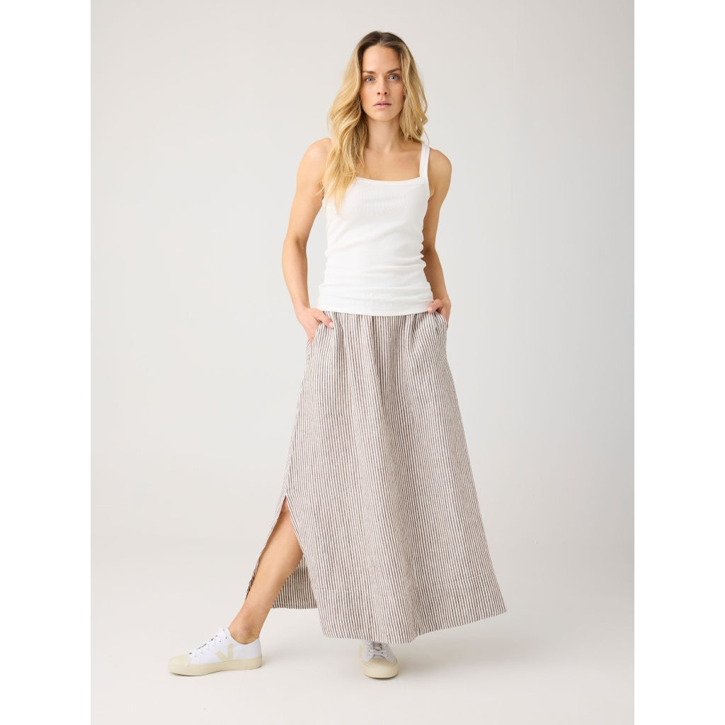 Organic Linen Stripe Skirt GOTS/Vegan - Dark Brown Stripe