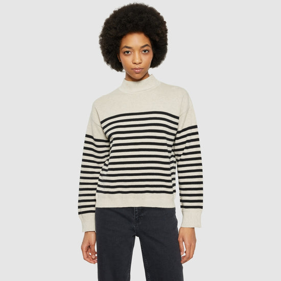 Cotton micro bubble stripe crew neck - Creme Stripe