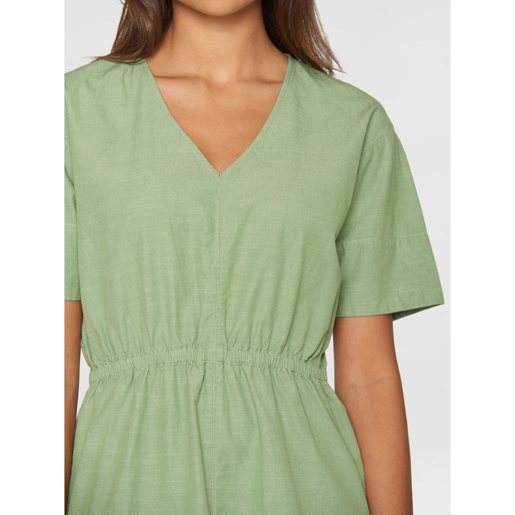 V-neck slub yarn short sleeve midi dress - GOTS/Vegan - Shale Green