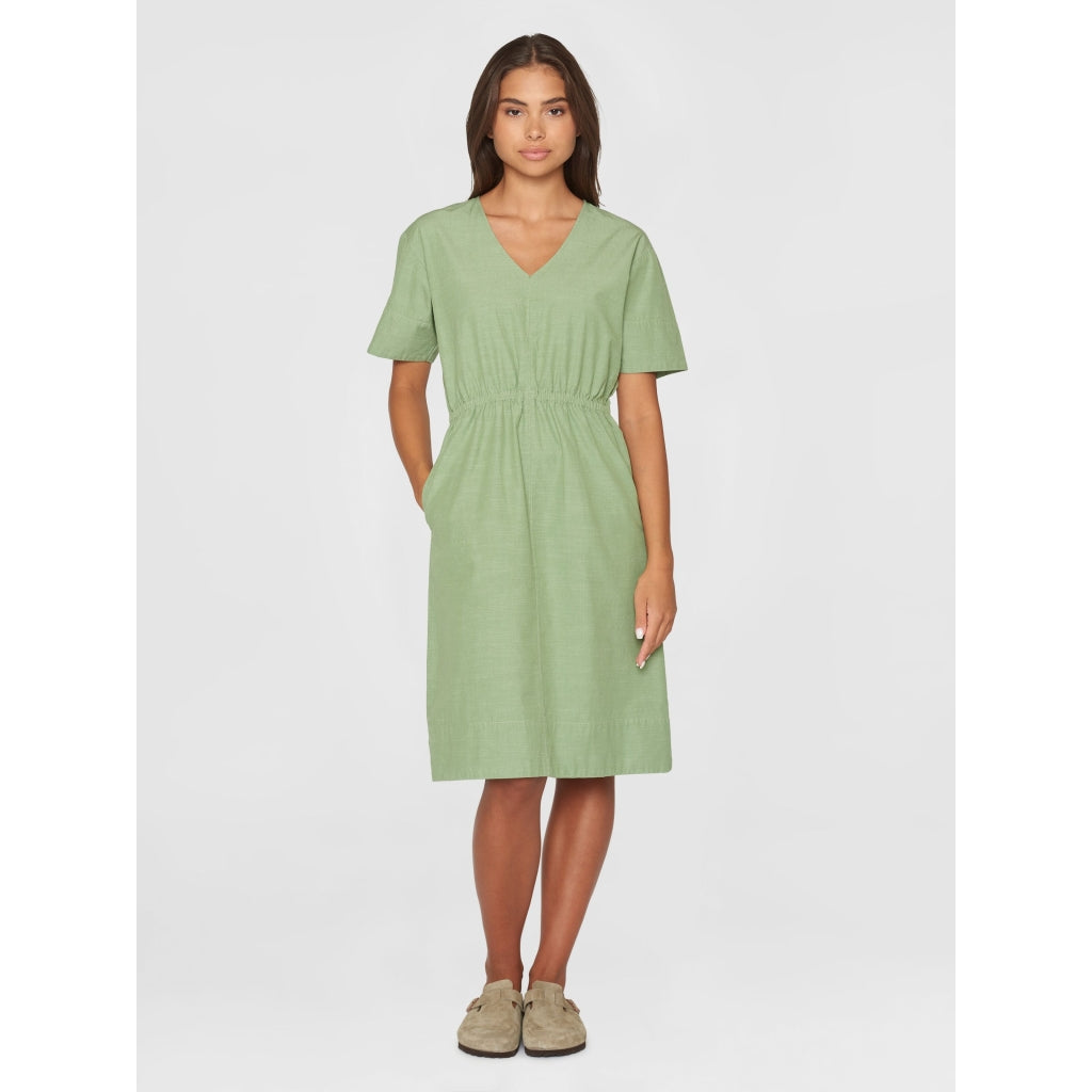 V-neck slub yarn short sleeve midi dress - GOTS/Vegan - Shale Green