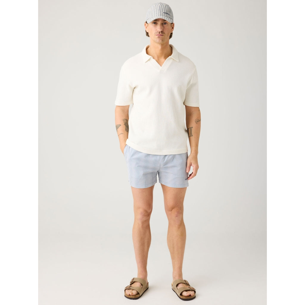 Mid-thigh Seersucker Swimshorts - Blue Stripe