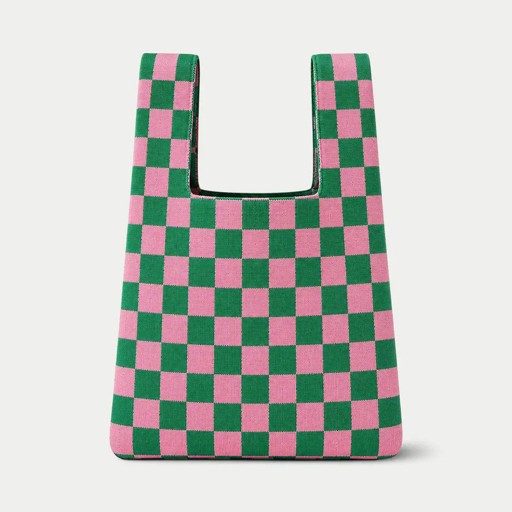 Bold Checker – Knitted Bag - Green & Pink
