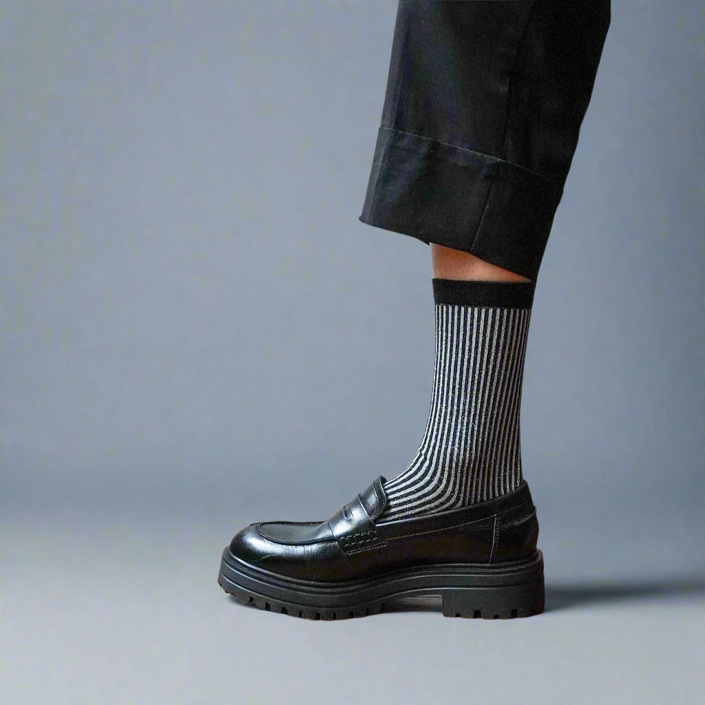 Glitter Lurex Socks in Eco-Friendly Lyocell - Stripes Black