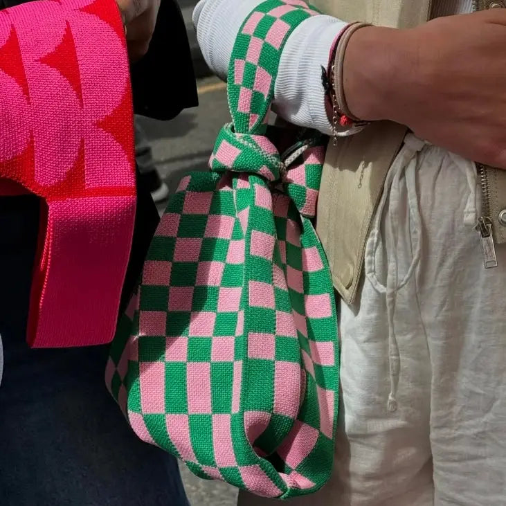 Bold Checker – Knitted Bag - Green & Pink