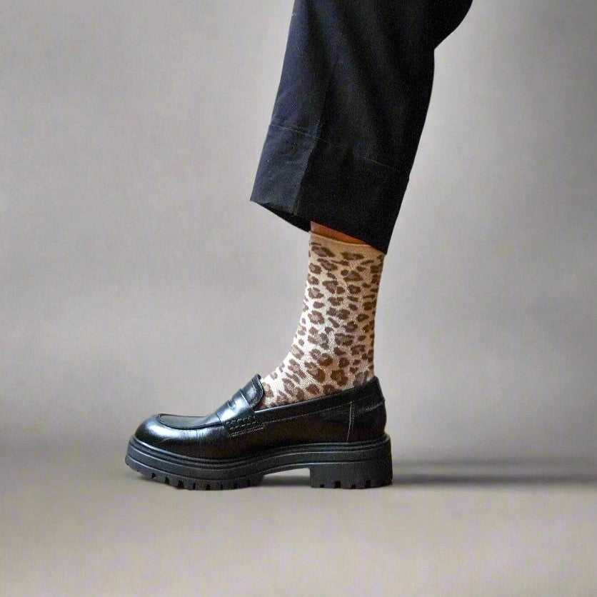 Glitter Lurex Socks in Eco-Friendly Lyocell - Leopard Beige