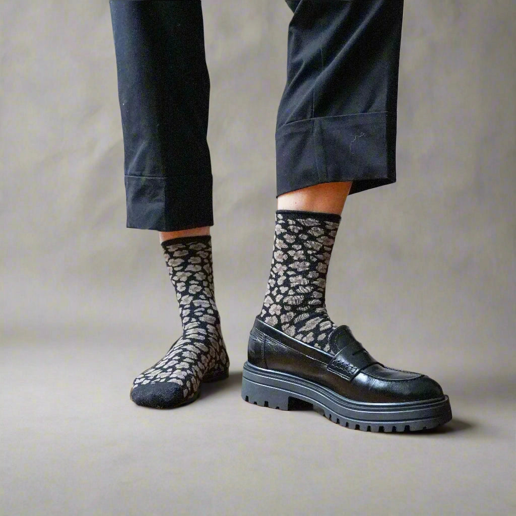Glitter Lurex Socks in Eco-Friendly Lyocell - Leopard Black