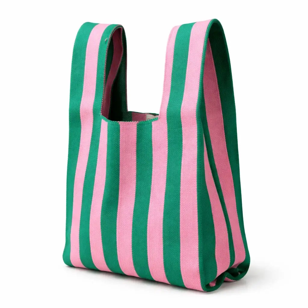 Candy Stripe Knitted Reusable Market Bag - Green & Pink