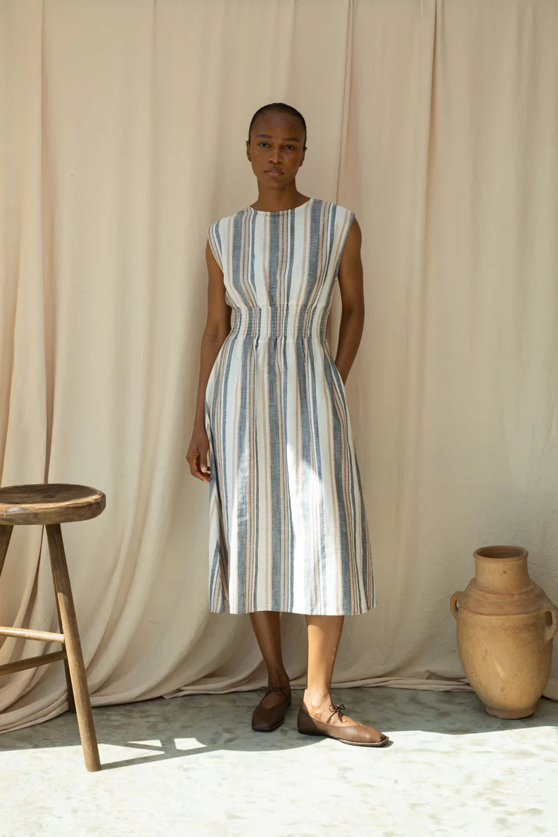 Ottillie-Sue Organic Cotton Dress GOTS - Beige Multi Stripe