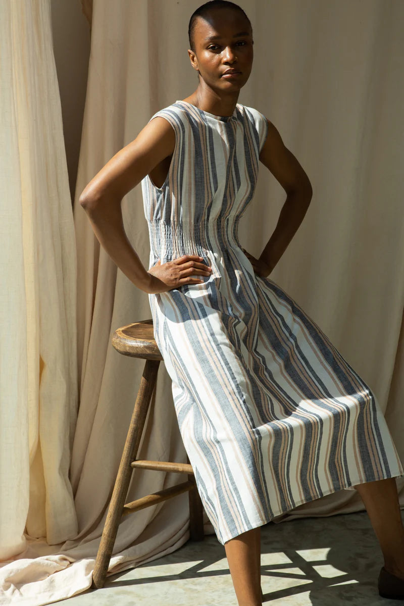 Ottillie-Sue Organic Cotton Dress GOTS - Beige Multi Stripe