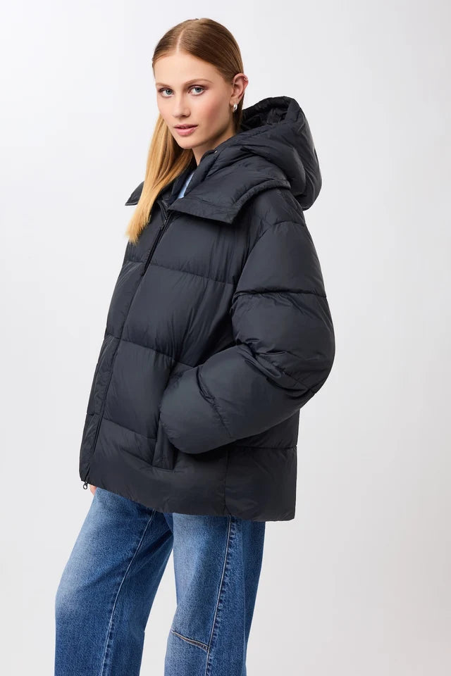 Quilted Jacket with Collar & Detachable Hood - Midnight