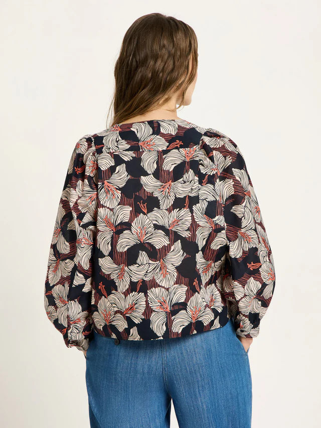 Blouse with ruffles GOTS - Print Bloom Onyx