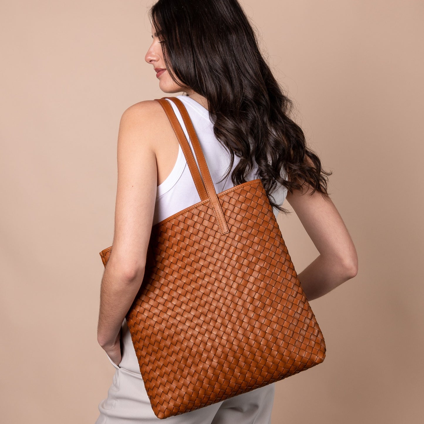 Georgia Woven Leather Tote Bag - Cognac