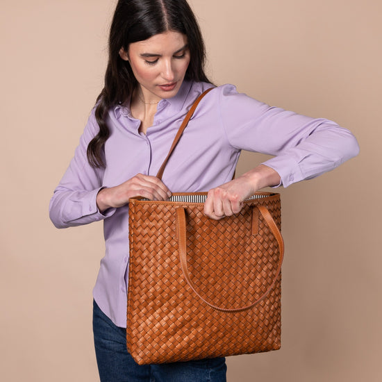 Georgia Woven Leather Tote Bag - Cognac