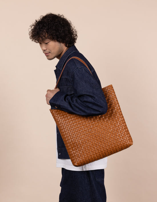 Georgia Woven Leather Tote Bag - Cognac