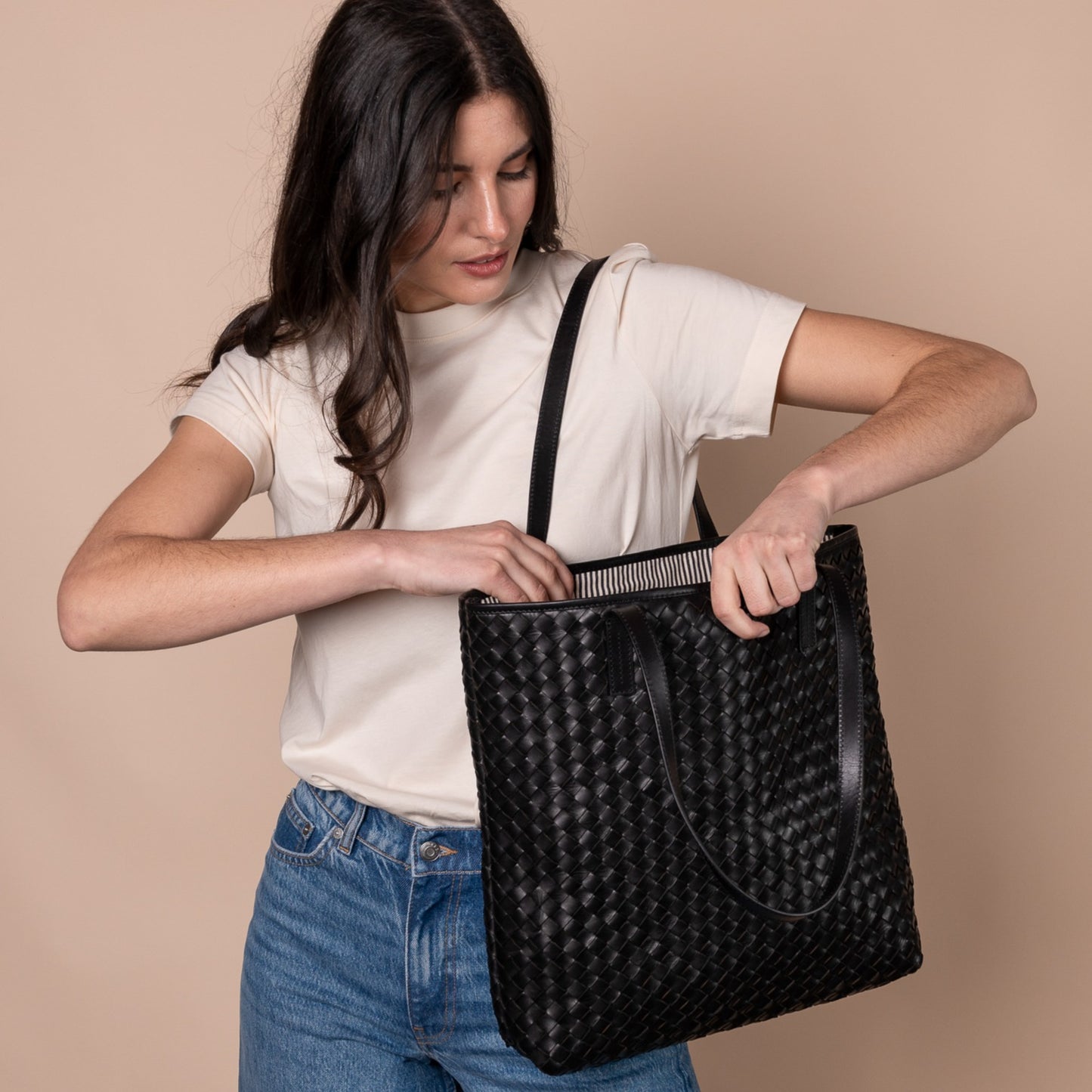 Georgia Woven Leather Tote Bag - Black