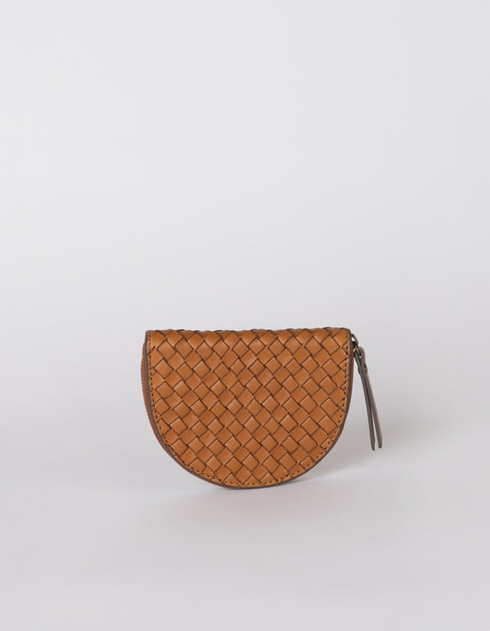 Laura Coin Purse Small Rounded Woven Leather Coin Purse - Cognac