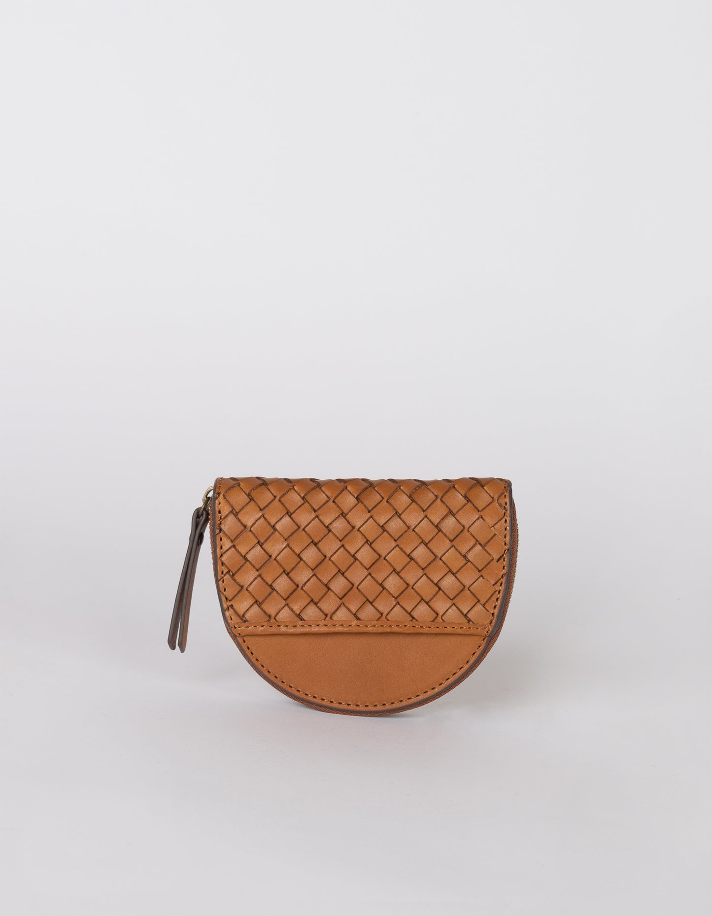 Laura Coin Purse Small Rounded Woven Leather Coin Purse - Cognac