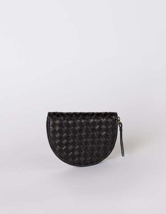 Laura Coin Purse Small Rounded Woven Leather Coin Purse - Black