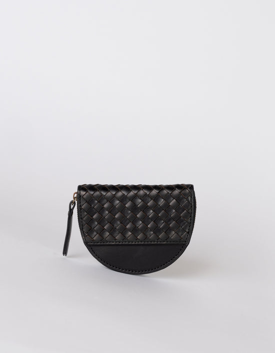 Laura Coin Purse Small Rounded Woven Leather Coin Purse - Black