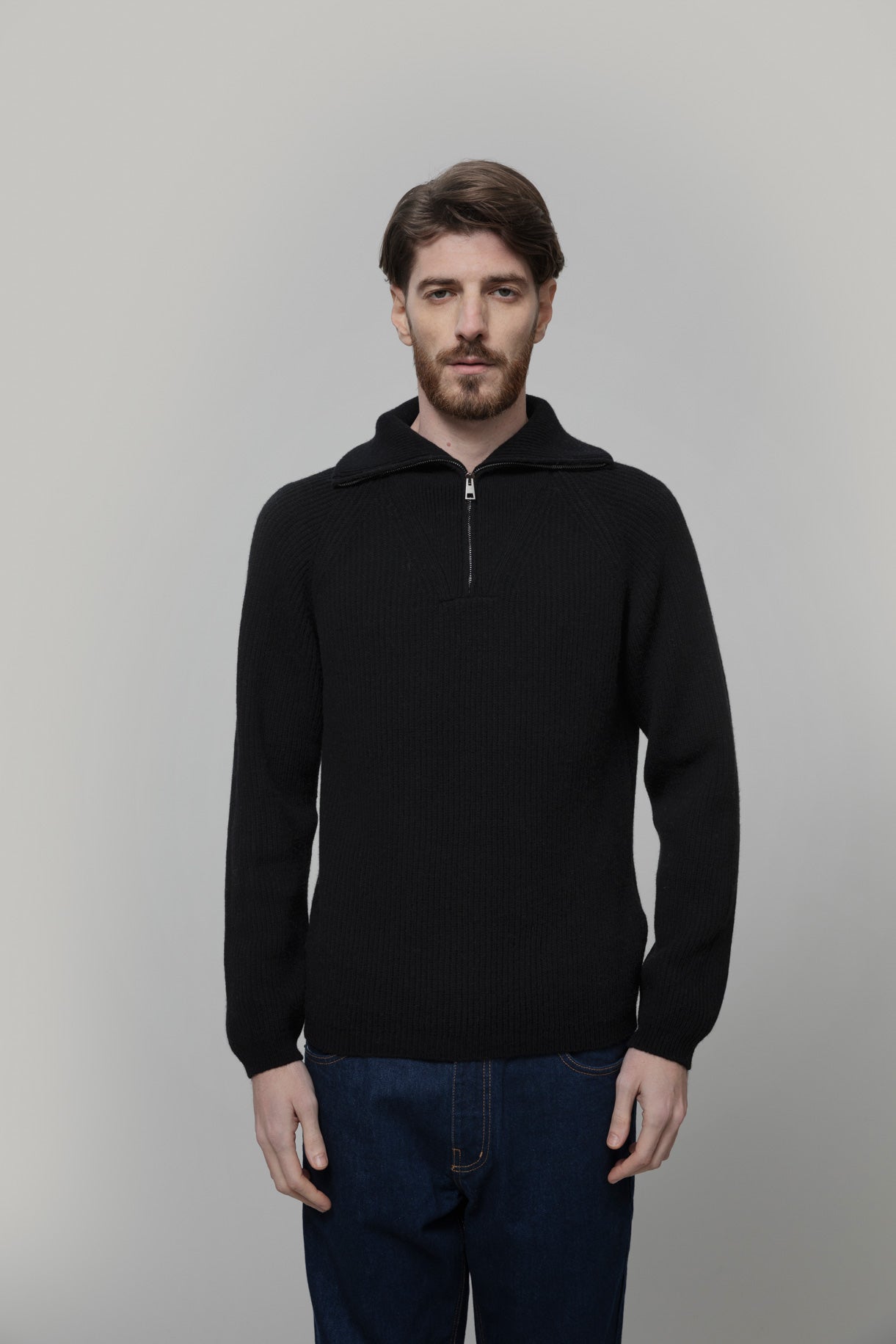 STEFANO - Recycled Wool Quater-Zip Sweater - Black Ardesia