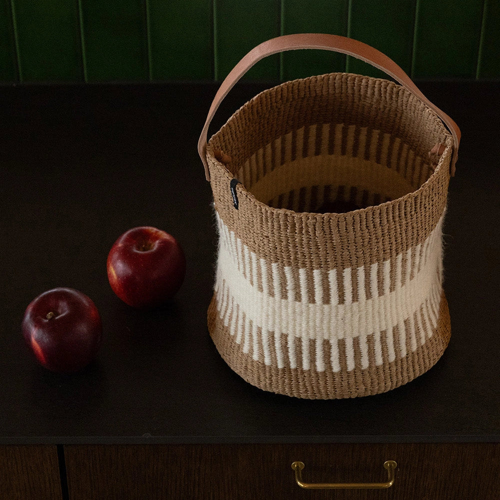 Pamba Basket - White Rib Weave with Handle - Small