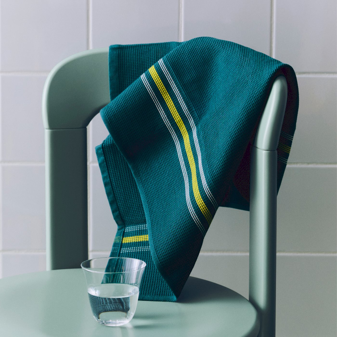Organic Canteen Tea Towel - W52 x L80 - Green & Yellow Block Stripe