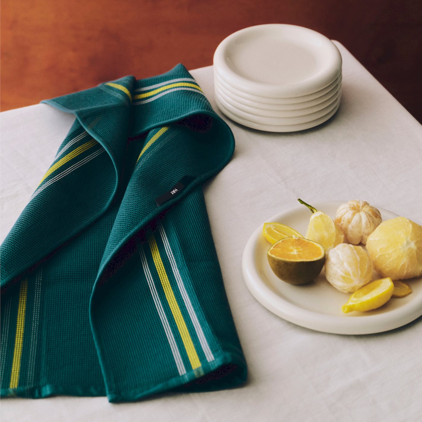 Organic Canteen Tea Towel - W52 x L80 - Green & Yellow Block Stripe