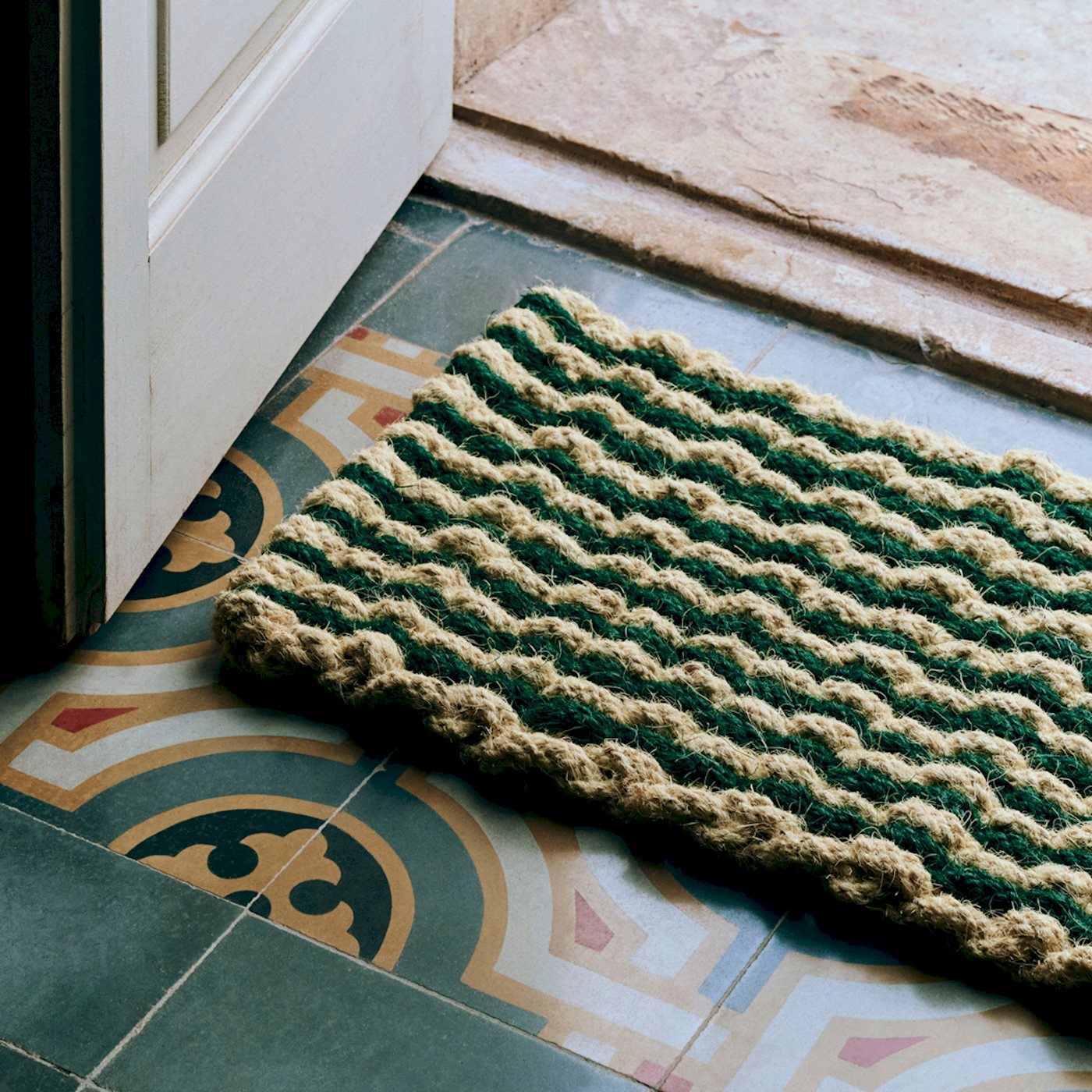 Coco Door Mat - Stripe Wave - Dark Green & White