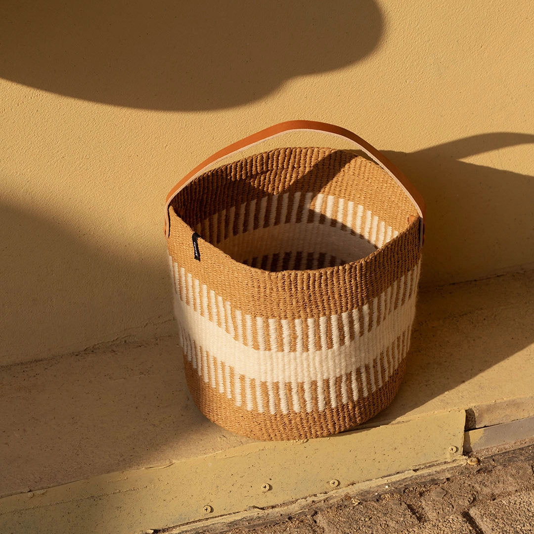 Pamba Basket - White Rib Weave with Handle - Small