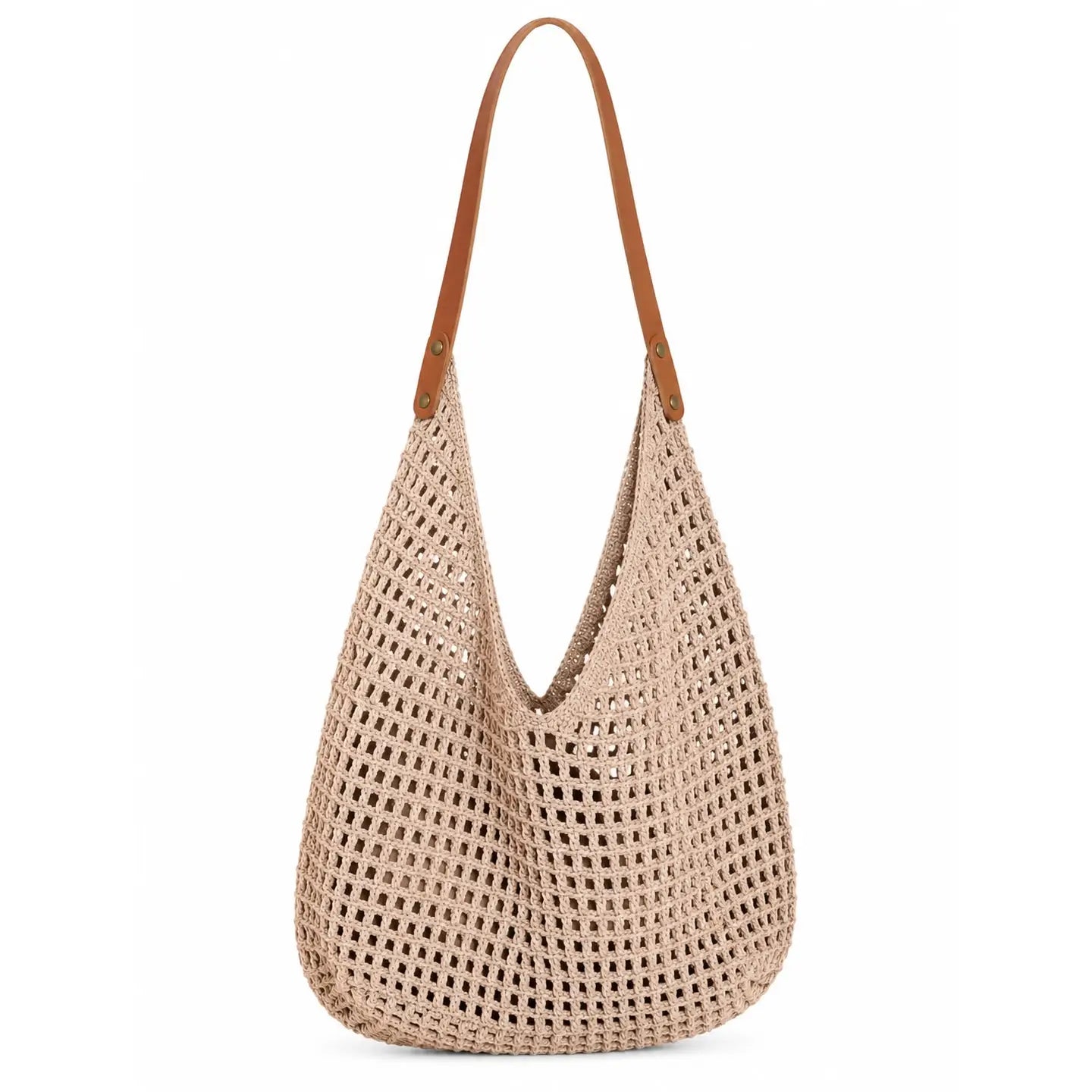 Crochet Shoulder Bag with Faux Leather Strap - Caramel