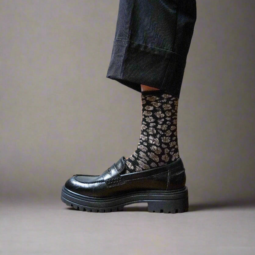 Glitter Lurex Socks in Eco-Friendly Lyocell - Leopard Black